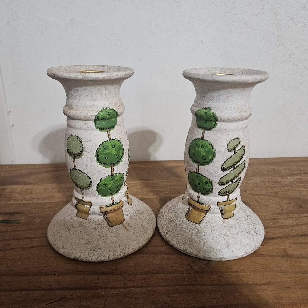 Vintage Ceramic Set Of 2 Plant Taper Candle Holders!